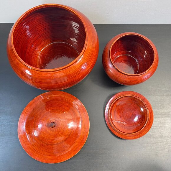 Wooden Jar with Lid, Wood Container, Set of Two, VIETNAM, Vintage, Brown, Money - Picture 2 of 10